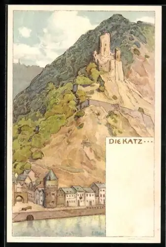 Künstler-AK Franz Hein: St. Goarshausen, Blick auf die Burg Katz