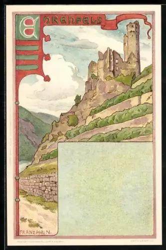 Künstler-AK Franz Hein: Rüdesheim am Rhein, Blick auf Ruine Ehrenfels