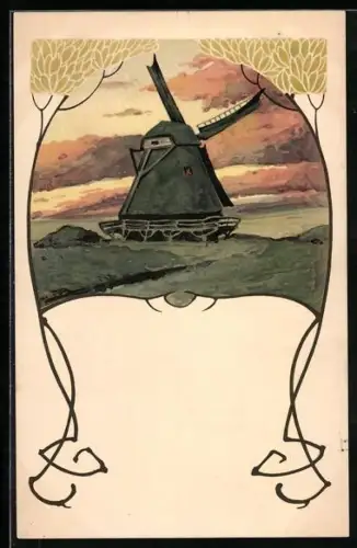 Lithographie Auf dem Lande, Windmühle, Jugendstil