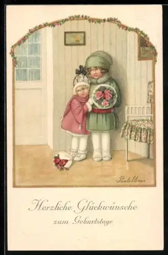 Künstler-AK Pauli Ebner: Zwei Kinder mit Blumen, Geburtstagsgruss
