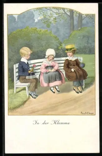 Künstler-AK Pauli Ebner: Rosenkavalier mit Mädchen auf der Parkbank