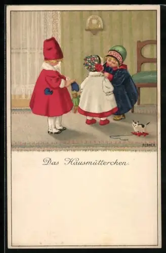 Künstler-AK Pauli Ebner: Kinder kleiden sich mit Wintersachen ein