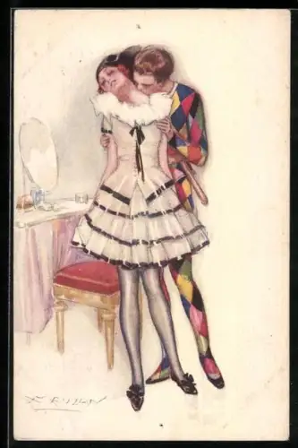 Künstler-AK Mauzan: charmantes Liebespaar in interessanten Kostümen