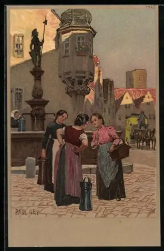 Künstler-AK Paul Hey: Ortspartie mit Frauen am Brunnen und Postkutsche