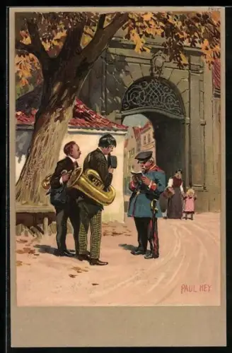 Künstler-Lithographie Paul Hey: Musikanten vor dem Stadtor
