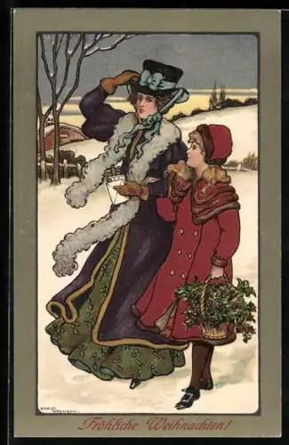 Künstler-AK Ethel Parkinson: Mutter und Tochter bringen Weihnachtsgrüsse
