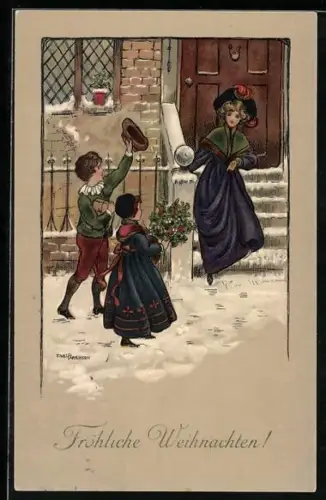 Künstler-AK Ethel Parkinson: Kinder grüssen die elegante Frau, Frohe Weihnachten