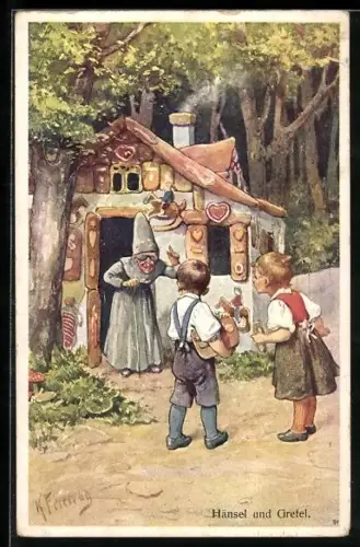 Künstler-AK Karl Feiertag: Hänsel und Gretel am Haus der Hexe