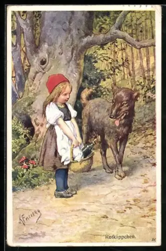 Künstler-AK Karl Feiertag: Rotkäppchen mit dem bösen Wolf