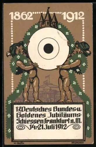 Künstler-AK Frankfurt a. M., 17. Deutsches Bundes- und Goldenes Jubiläums-Schiessen 1912, Kleine Schützen mit Scheibe