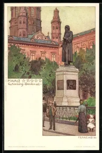 Künstler-AK Franz Hein: Mainz, Partie am Gutenberg-Denkmal