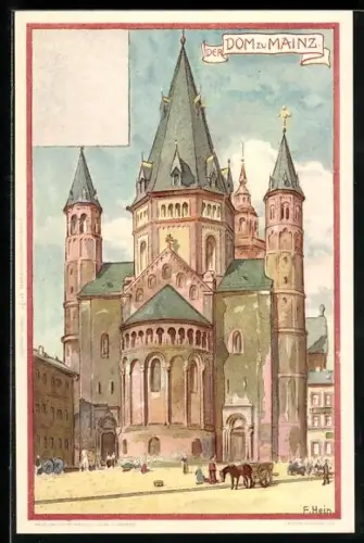 Künstler-AK Franz Hein: Mainz, der Dom mit Pferdewagen