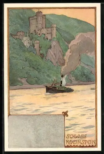 Künstler-AK Franz Hein: Rheinstein, Flusspartie mit Dampfer und Blick aufs Schloss