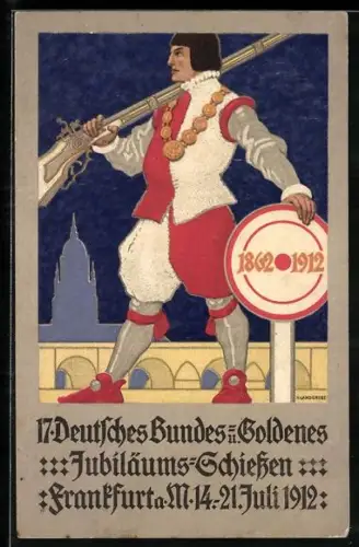 AK Frankfurt a.M., 17. Deutsches Bundesschiessen 1912, Schütze in Tracht mit Kette und Flinte