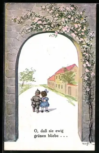 Künstler-AK Ad. Hoffmann: O, dass sie ewig grünen bliebe..., Soldat mit seinem Mädchen im Ort