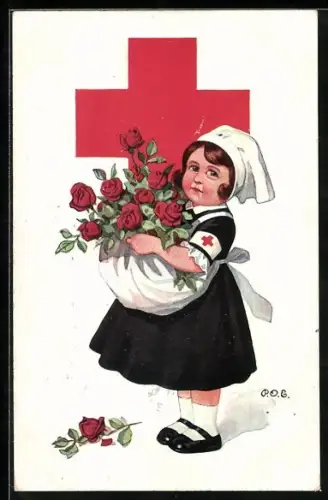 Künstler-AK P.O.Engelhard (P.O.E.): Krankenschwester trägt Rosen in ihrer Schürze, Rotes Kreuz