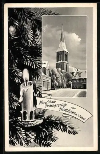 AK Westkirchen i. Westf., Kirche im Schnee, Tannenbaum mit Kerze