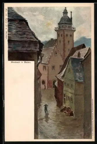 Lithographie Mosbach in Baden, Ortspartie mit Turm