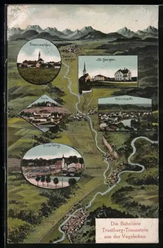 AK Trostberg, Bahnlinie Trostberg-Traunstein aus der Vogelschau, Traunwalchen, St. Georgen, Altenmarkt