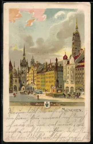 Lithographie München, Marienplatz mit Strassenbahn