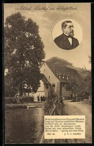 AK Achdorf im Wutachtal, Gasthaus zur Scheffellinde, Porträt Viktor v. Scheffel