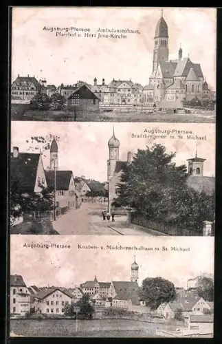 AK Augsburg-Pfersee, Ambulantenhaus, Pfarrhof u. Herz Jesu Kirche, Stadtbergerstrasse u. St. Michael