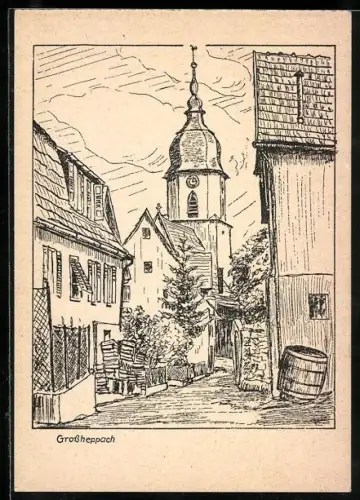 Künstler-AK Grossheppach, Blick zur Kirche