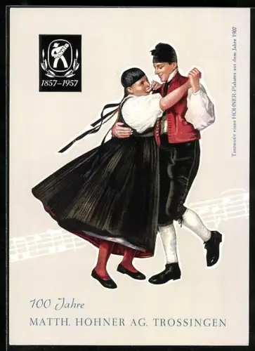 Künstler-AK Trossingen, 100 Jahre Matth. Hohner AG 1957, Trachtenpaar beim Tanz