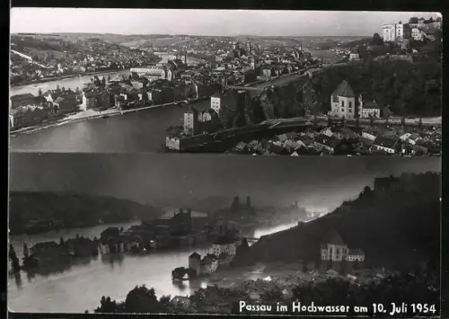 Foto-AK Passau, Hochwasser am 10. Juli 1954, Ortsansicht vor und während der Überschwemmung