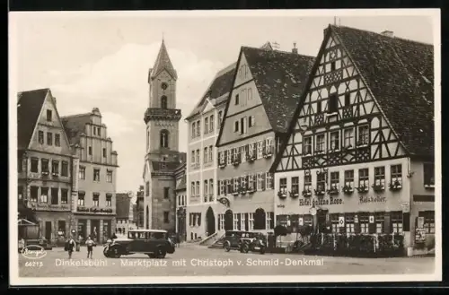 AK Dinkelsbühl, Marktplatz mit Christoph v. Schmid-Denkmal, Hotel Goldne Rose