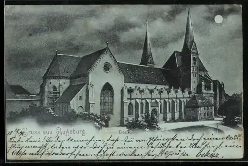 Mondschein-AK Augsburg, Dom im Vollmondlicht