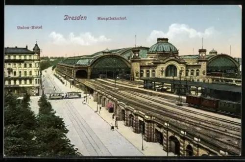 AK Dresden, Hauptbahnhof und Union-Hotel