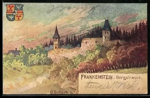 Künstler-AK Frankenstein /Bergstrasse, Blick zur Burg, Wappen