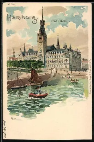 Lithographie Hamburg, Blick zum Rathaus
