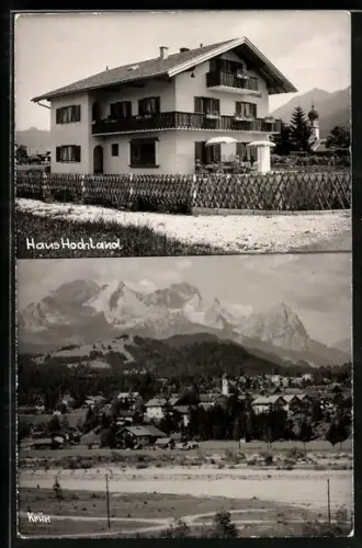 AK Krün, Gasthof Haus Hochland, Ortsansicht mit Bergpanorama