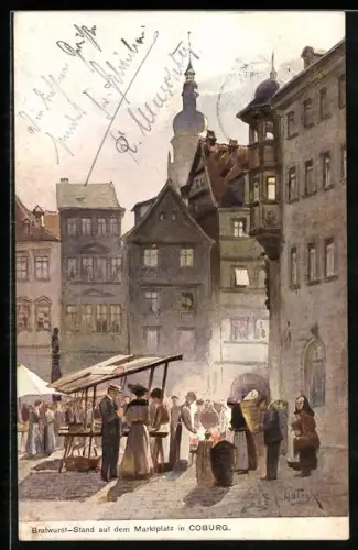 Künstler-AK Coburg, Bratwurst-Stand auf dem Marktplatz