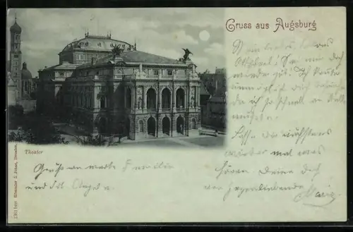 Mondschein-AK Augsburg, Theater mit Strassenpartie