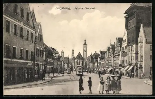 AK Augsburg, Jakober-Vorstadt mit Geschäften und Strassenbahn