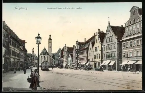 AK Augsburg, Jacoberstrasse mit Jacoberkirche und Strassenbahn
