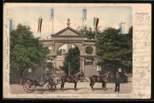 AK Augsburg, Stadtgarten-Portal mit Pferdewagen
