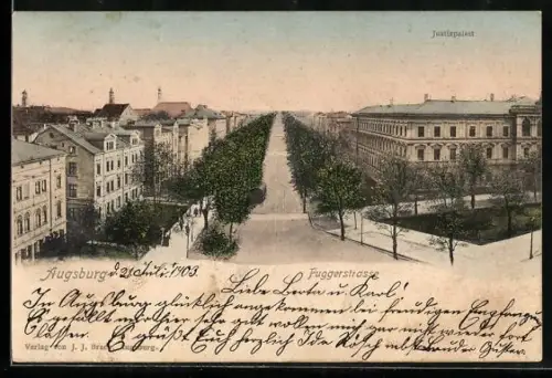 AK Augsburg, Fuggerstrasse aus der Vogelschau