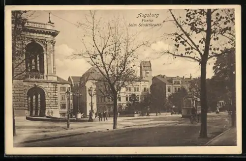 AK Augsburg, Strassenpartie mit Stadttheater und Strassenbahn