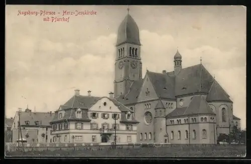 AK Augsburg-Pferrsee, Herz-Jesukirche mit Pfarrhof