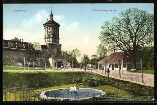 AK Augsburg, Wertachbruckertor mit Strassenbahn
