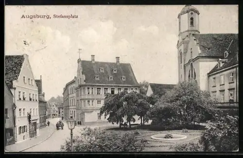 AK Augsburg, Stefansplatz mit Kirche