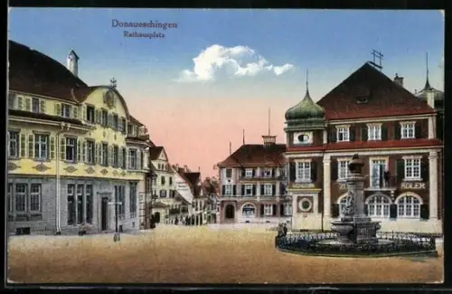 AK Donaueschingen, Rathausplatz mit Brunnen