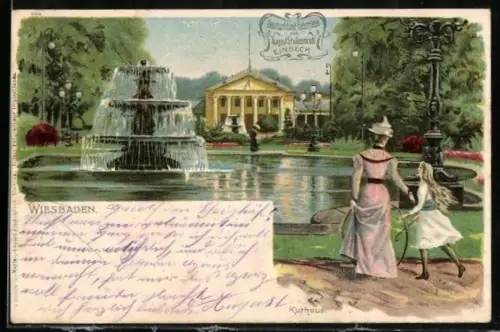Künstler-AK Wiesbaden, Kurhaus mit Gartenpartie