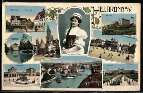 Künstler-AK Heilbronn a. N., Trappensee-Schlösschen, Bahnhof, St. Kilianskirche, Kaserne