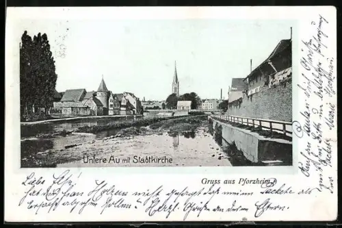 AK Pforzheim, Untere Au mit Stadtkirche