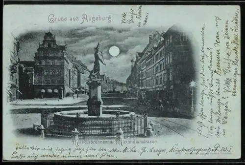 Mondschein-AK Augsburg, Merkurbrunnen und Maximilianstrasse